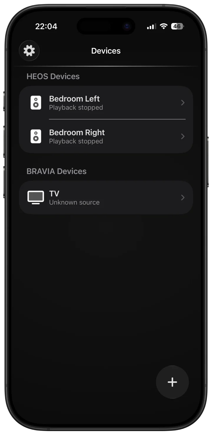 Framed iPhone screenshot showing BRAVIA and HEOS devices in Intellimote